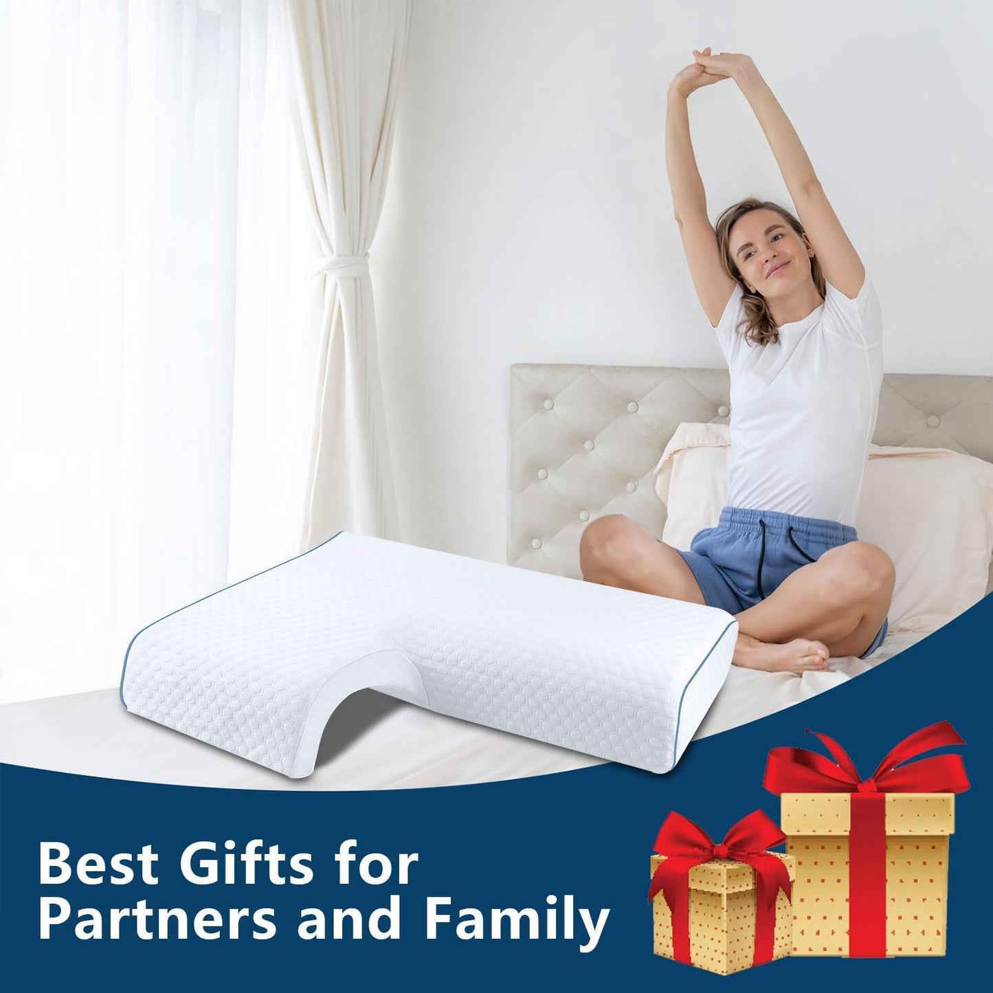Memory Foam Cuddle Pillow, Side Sleeper Couple Pillow with Arm Hole for Arm Pressure Relief with Breathable Pillowcase White Colour (Left)