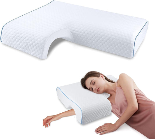 Memory Foam Cuddle Pillow, Side Sleeper Couple Pillow with Arm Hole for Arm Pressure Relief with Breathable Pillowcase White Colour (Left)