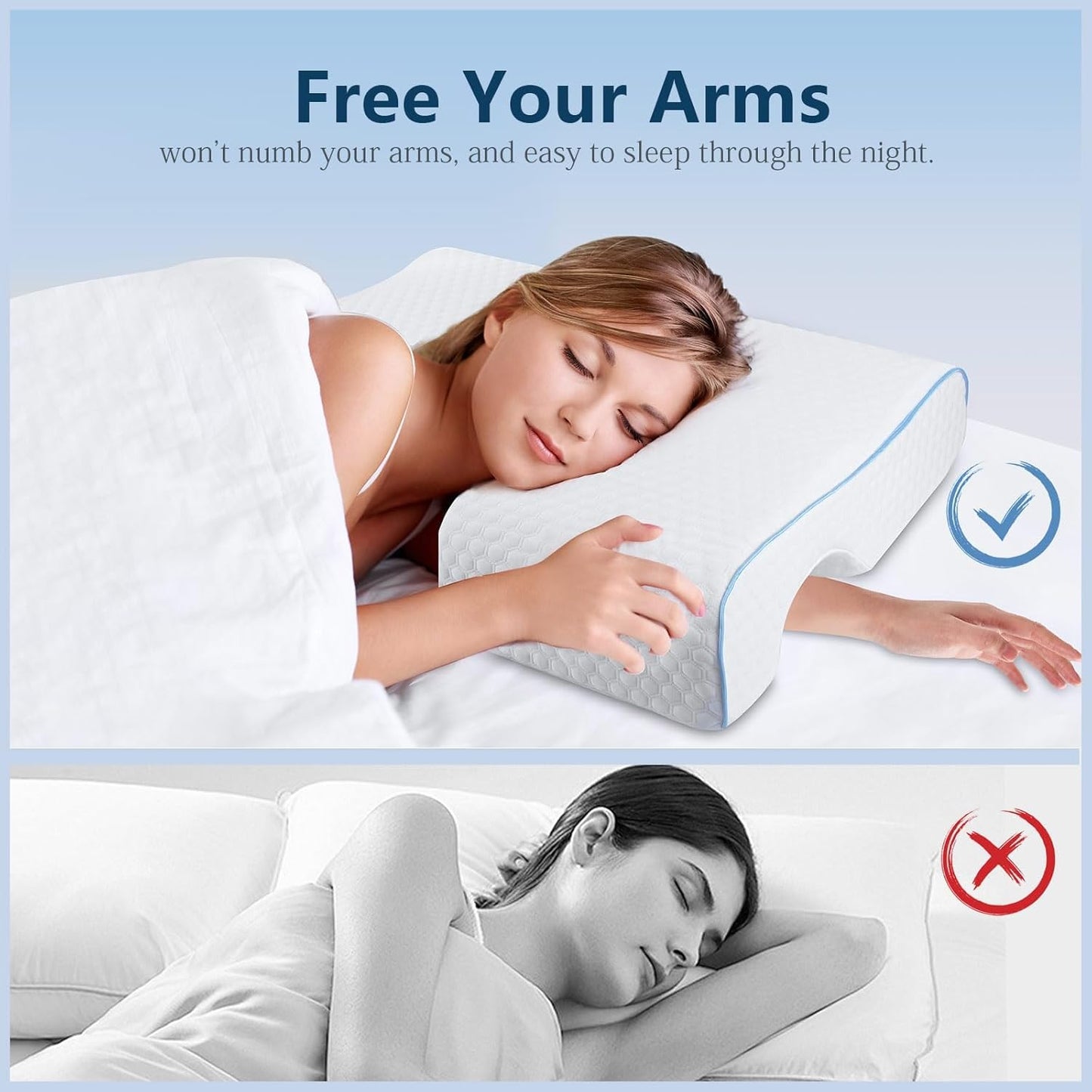 Memory Foam Cuddle Pillow, Side Sleeper Couple Pillow with Arm Hole for Arm Pressure Relief with Breathable Pillowcase White Colour (Left)
