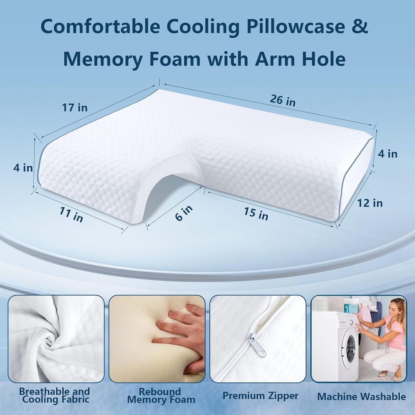 Memory Foam Cuddle Pillow, Side Sleeper Couple Pillow with Arm Hole for Arm Pressure Relief with Breathable Pillowcase White Colour (Left)