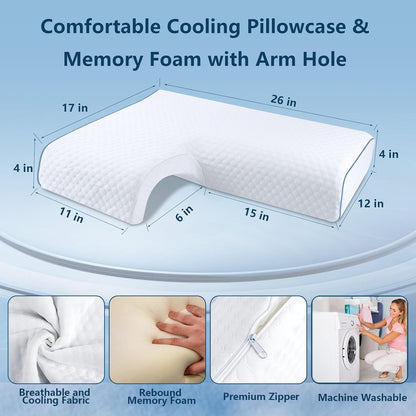 Memory Foam Cuddle Pillow, Side Sleeper Couple Pillow with Arm Hole for Arm Pressure Relief with Breathable Pillowcase White Colour (Left)